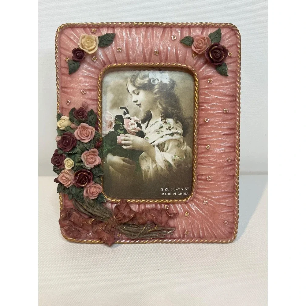 Pink Floral‎ Picture Frame 3.5x5 3D Roses Vintage Romantic Coquette Shabby Chic